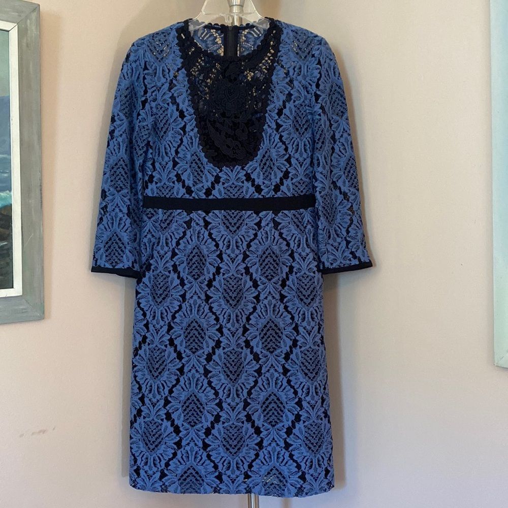 Anthropologie Dress Nanette Lepore Blue Lace Black Trim Modernist Shift SZ8‎